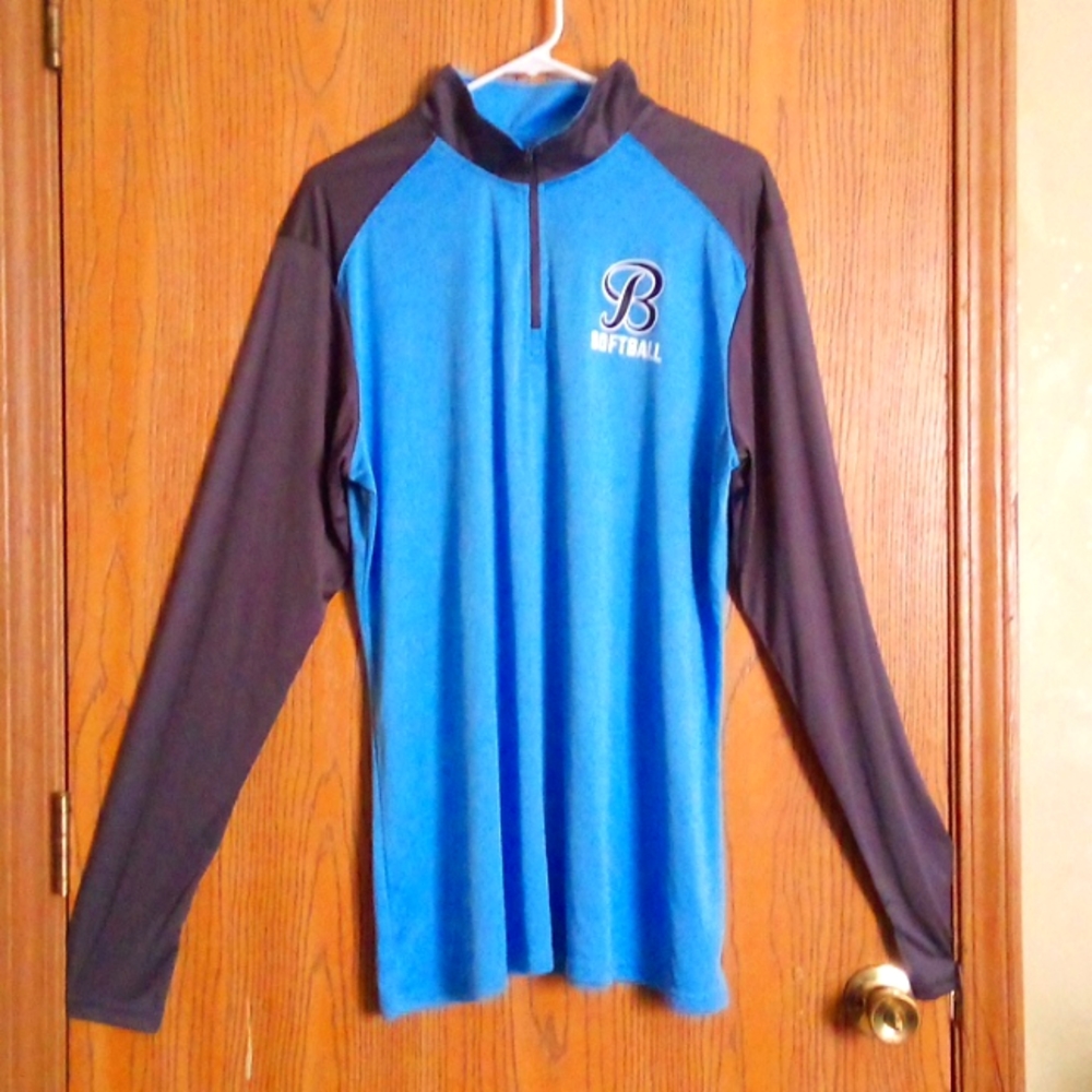 "B" Blue/gray long 1/4 zip-up w/ (Baseball logo) thumb CUT out sleeve SIZE: 2XL - Picture 1 of 6